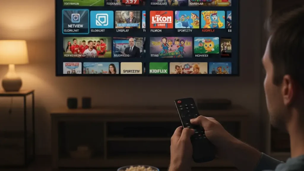 Homme utilisant une télécommande pour parcourir plusieurs applications IPTV sur une Smart TV – meilleur fournisseur IPTV en France 2025.