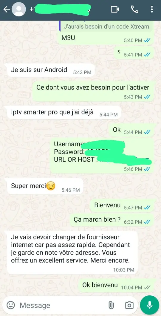 Discussion WhatsApp montrant un retour client HexaCast rapide et fiable