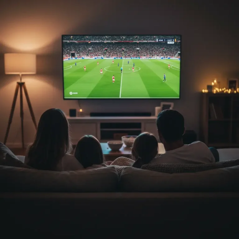 famille ragardant un match de football en direct avec abonnement hexacast france en qualite hd et 4k