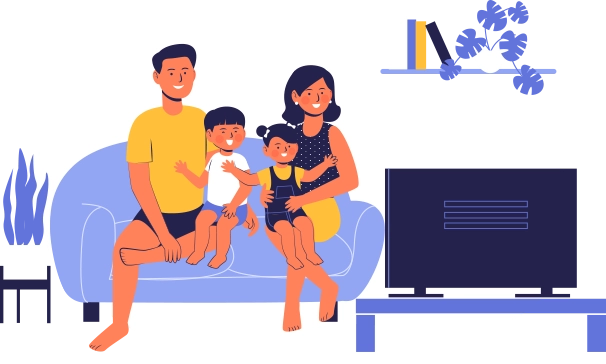 Famille regardant la télévision avec abonnement IPTV HexaCast en France, service HD/4K stable et fiable