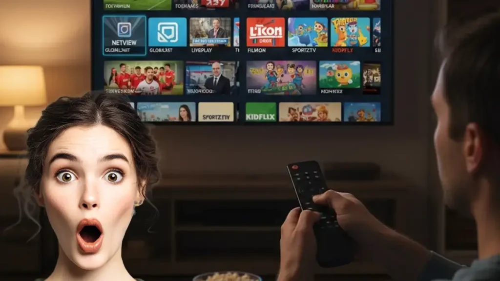 Femme surprise regardant un homme comparer plusieurs applications IPTV sur une Smart TV – fournisseur IPTV fiable et stable en France 2025.