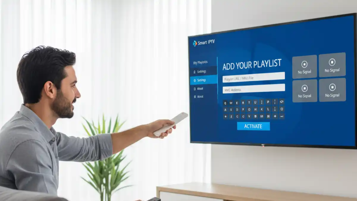 Installation et activation Smart IPTV France : personne configurant l'application Smart IPTV sur une Smart TV