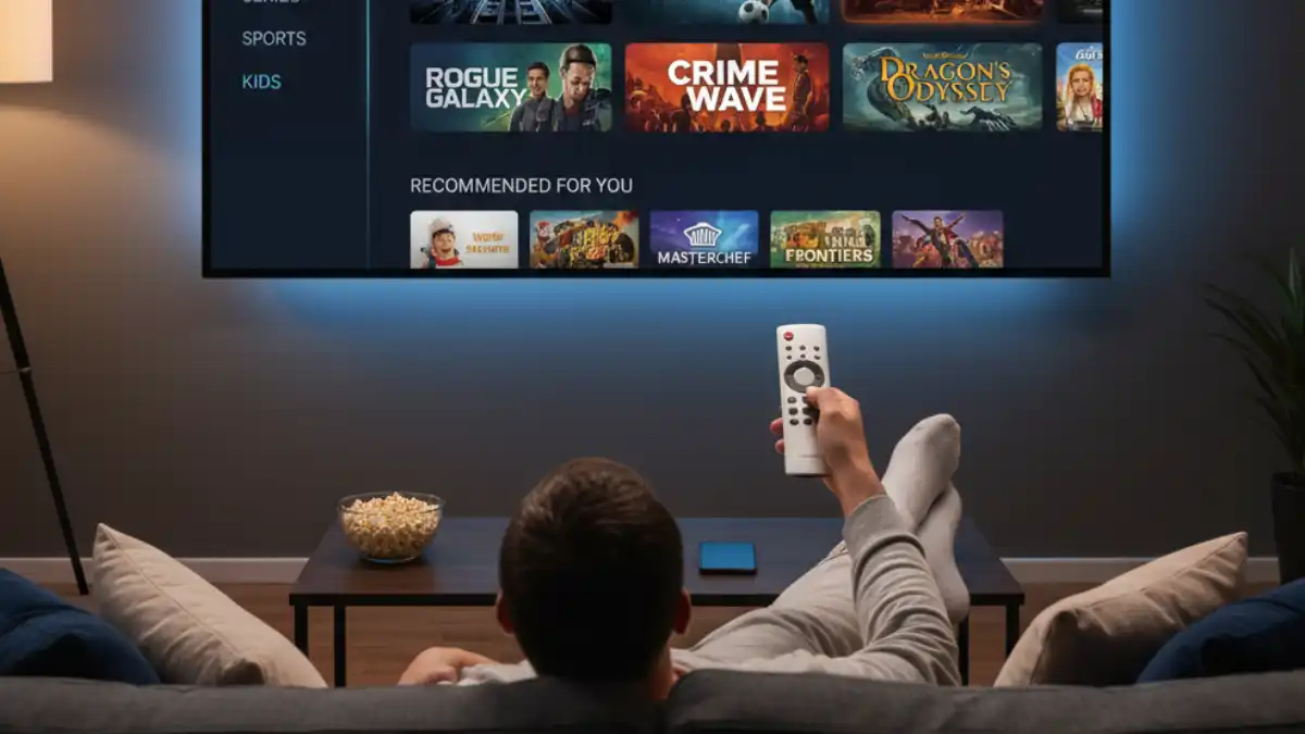 Abonnements IPTV Premium : utilisateur parcourant des contenus premium sur Smart TV en 4K